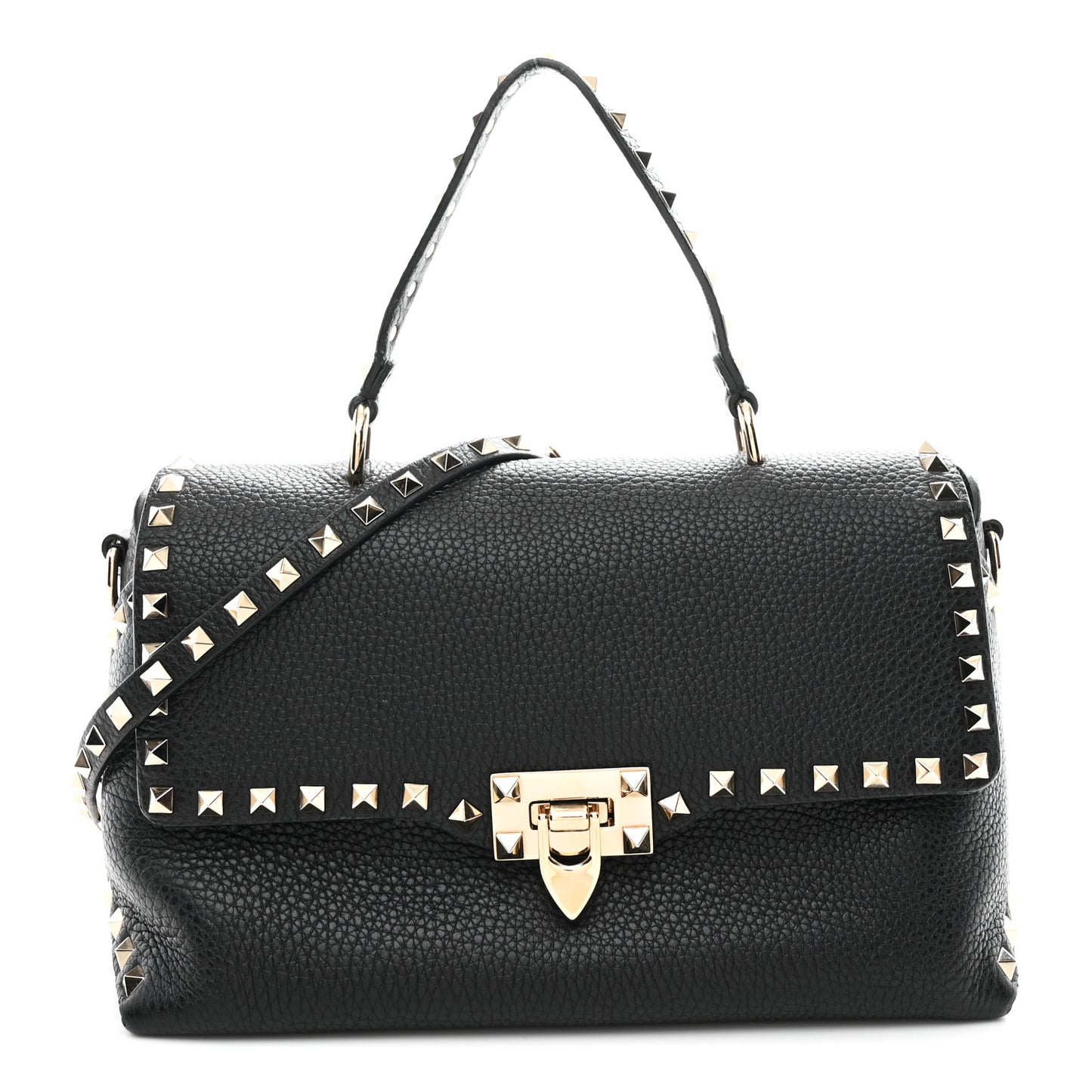 Pebbled Calfskin Rockstud Single Handle Flap Bag Black