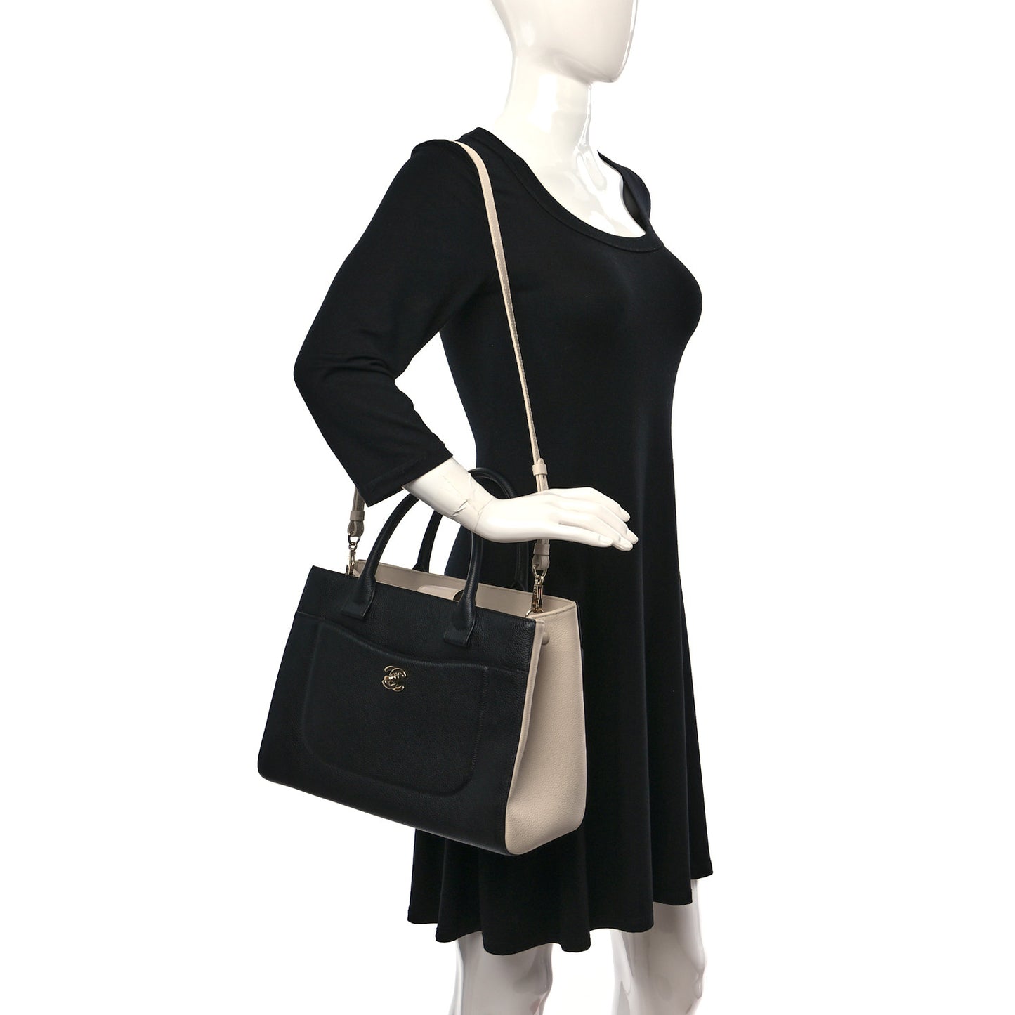 Grained Calfskin Small Bi-Color Neo Executive Shopper Tote Black Beige