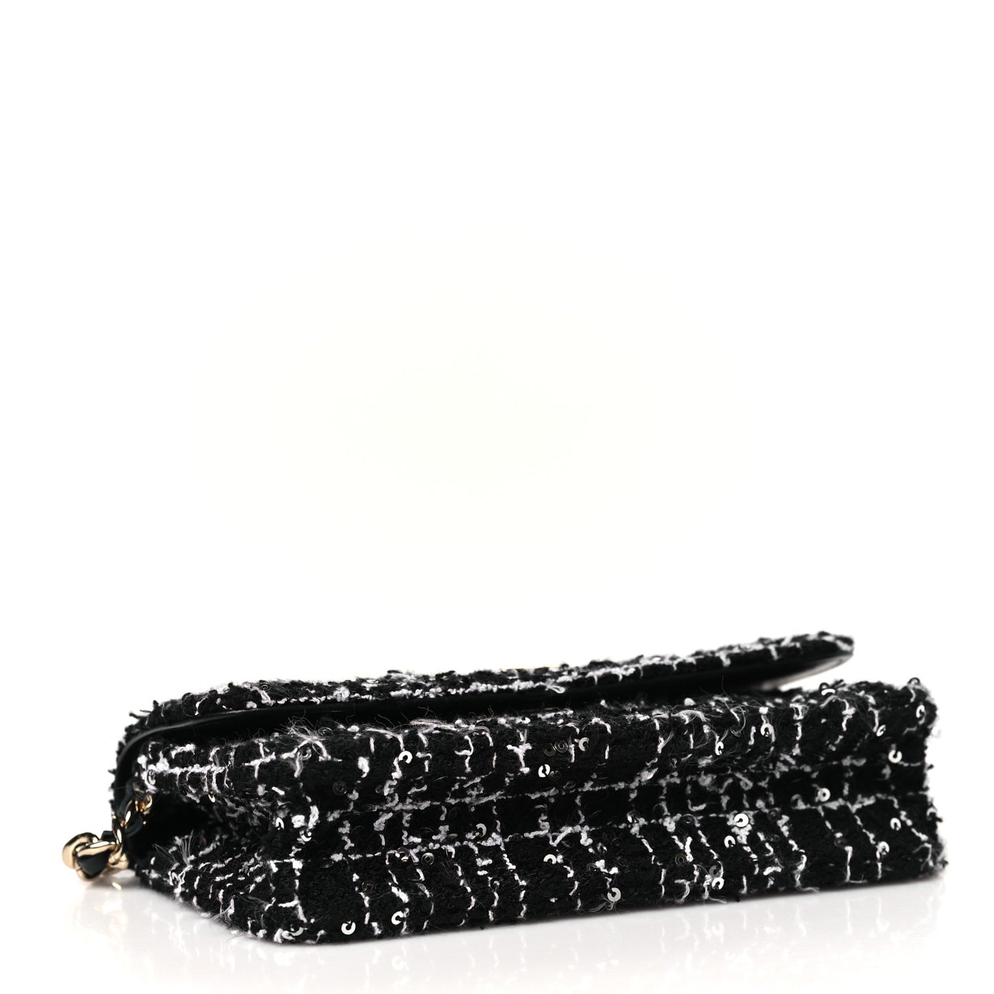 Tweed Sequin Quilted CC Flap Phone Holder With Chain Black White
