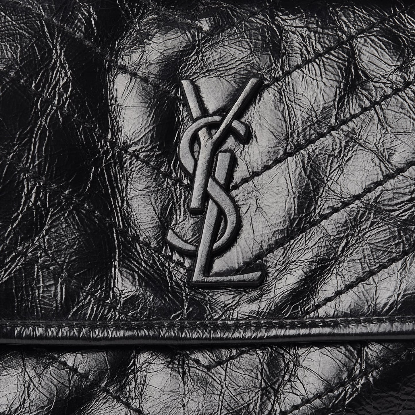 Crinkled Calfskin Matelasse Monogram Medium Niki Chain Satchel Black