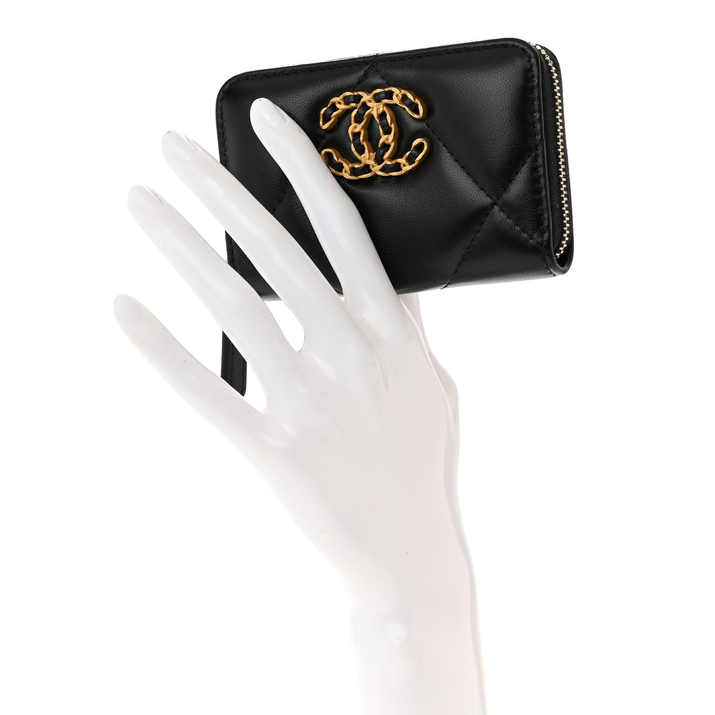 Lambskin Quilted Chanel 19 Zip Around Coin Purse Wallet Black