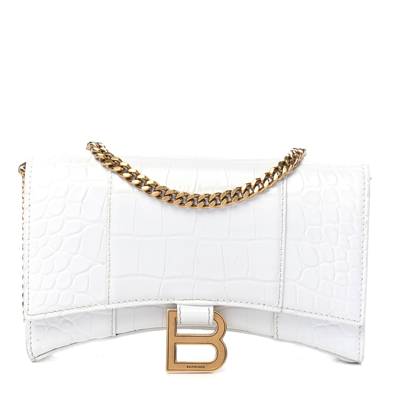 Balenciaga Shiny Calfskin Crocodile Embossed Hourglass Chain Bag White 1 of 10