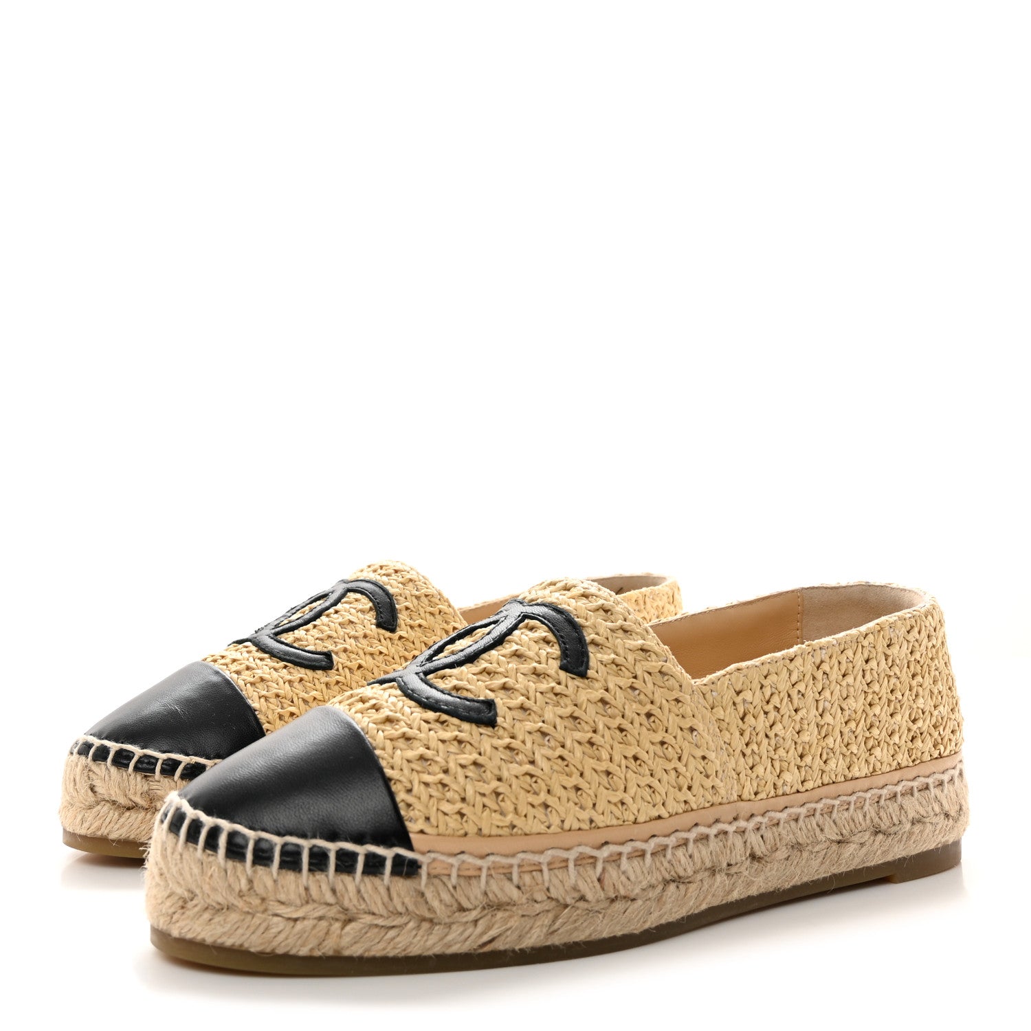 Chanel Braided Fabric Lambskin CC Espadrilles 37 Beige Black 3 of 10