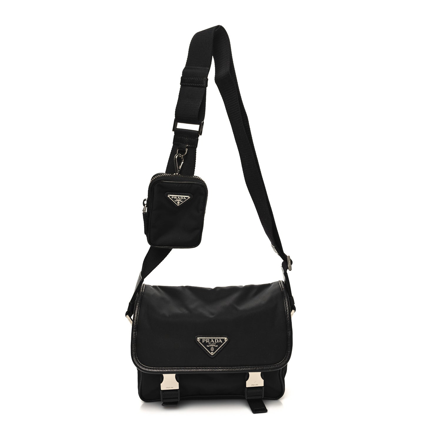 Re-Nylon Saffiano Pocket Double Snap Buckle Shoulder Bag Black