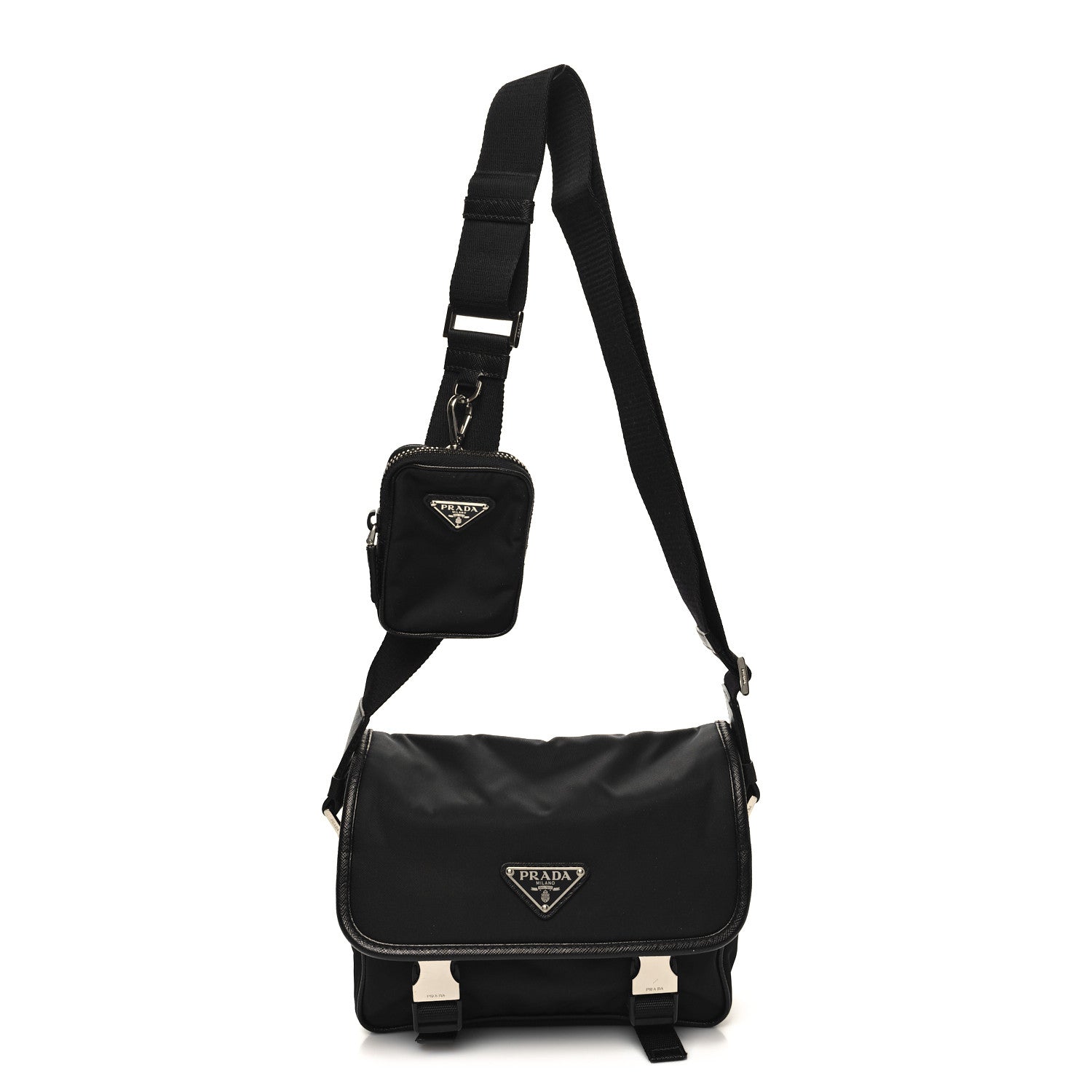 Prada Re-Nylon Saffiano Pocket Double Snap Buckle Shoulder Bag Black 1 of 10