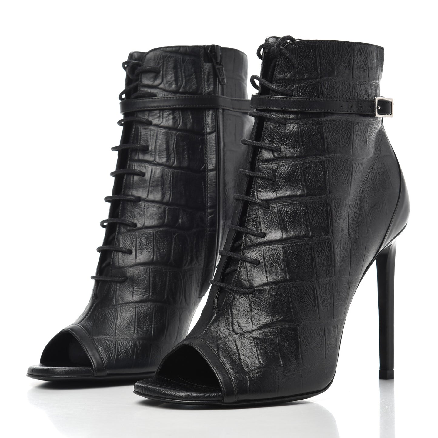 Calfskin Fake Cocco Jane 105 Peep Toe Ankle Boots 38 Black