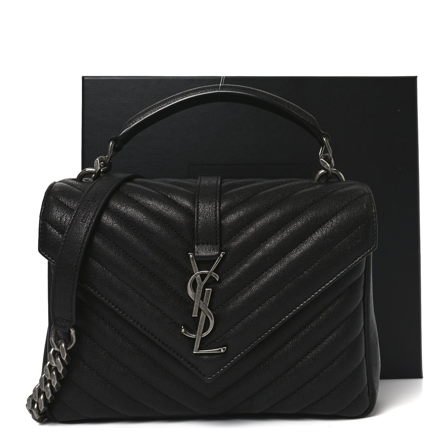Saint Laurent Sheepskin Matelasse Chevron Monogram Medium College Bag Black 11 of 11