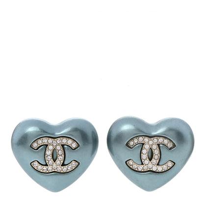 Chanel Pearl Crystal CC Heart Earrings Blue Gold 1 of 5