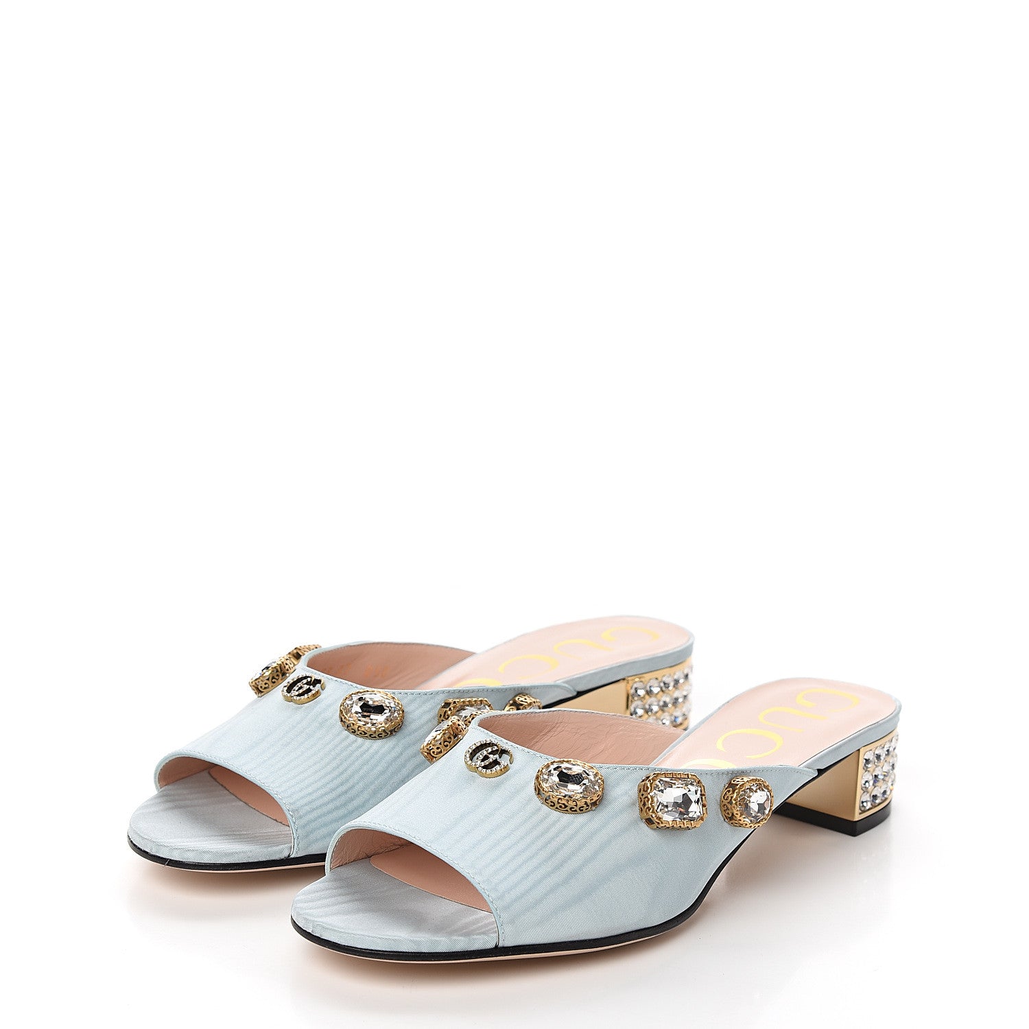 Gucci Moire Fabric Crystal Embellished Lyric Slide Sandals 37 Light Blue 3 of 10
