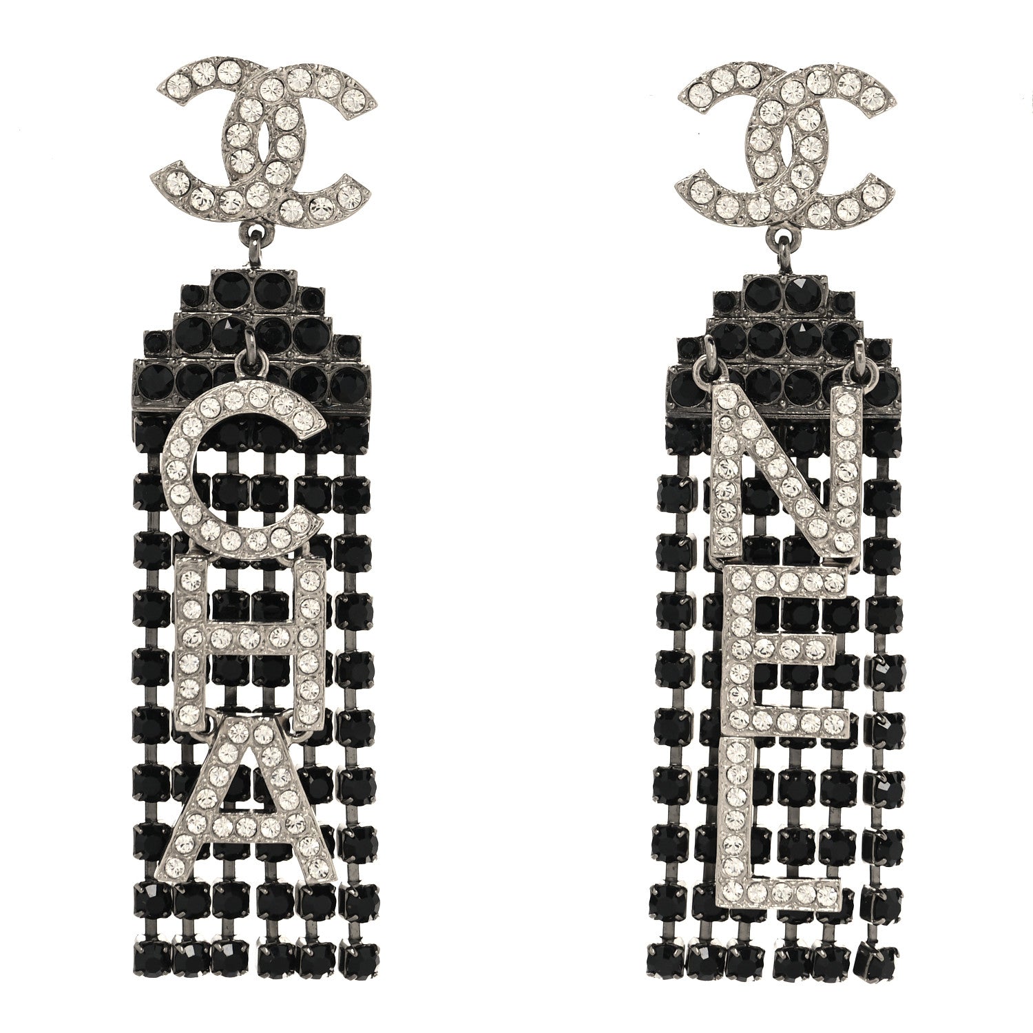 Chanel Crystal CC Strass Cha-Nel Logo Drop Earrings Silver Black 1 of 8