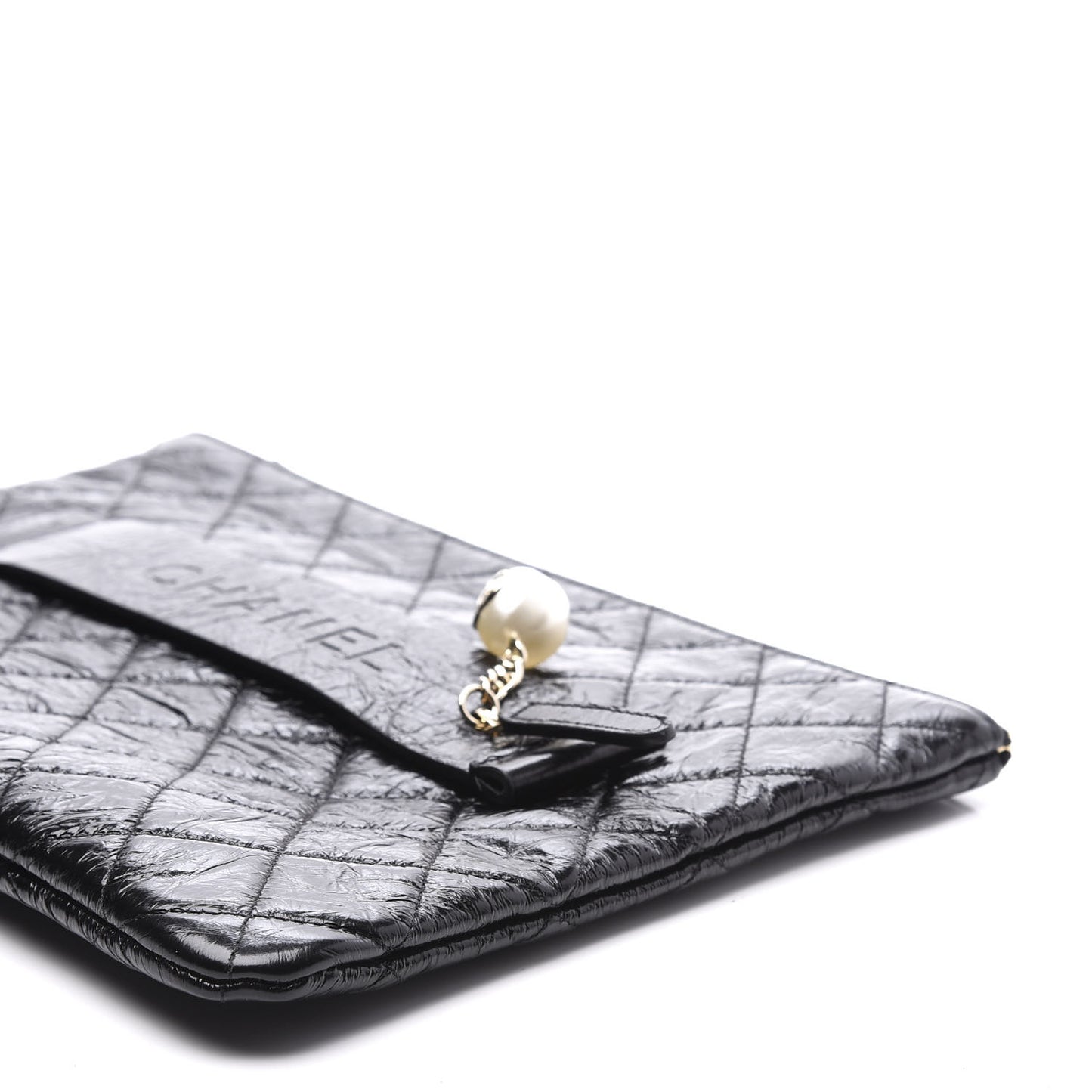 Shiny Crumpled Calfskin Quilted Medium Night by the C Pouch Clutch Black