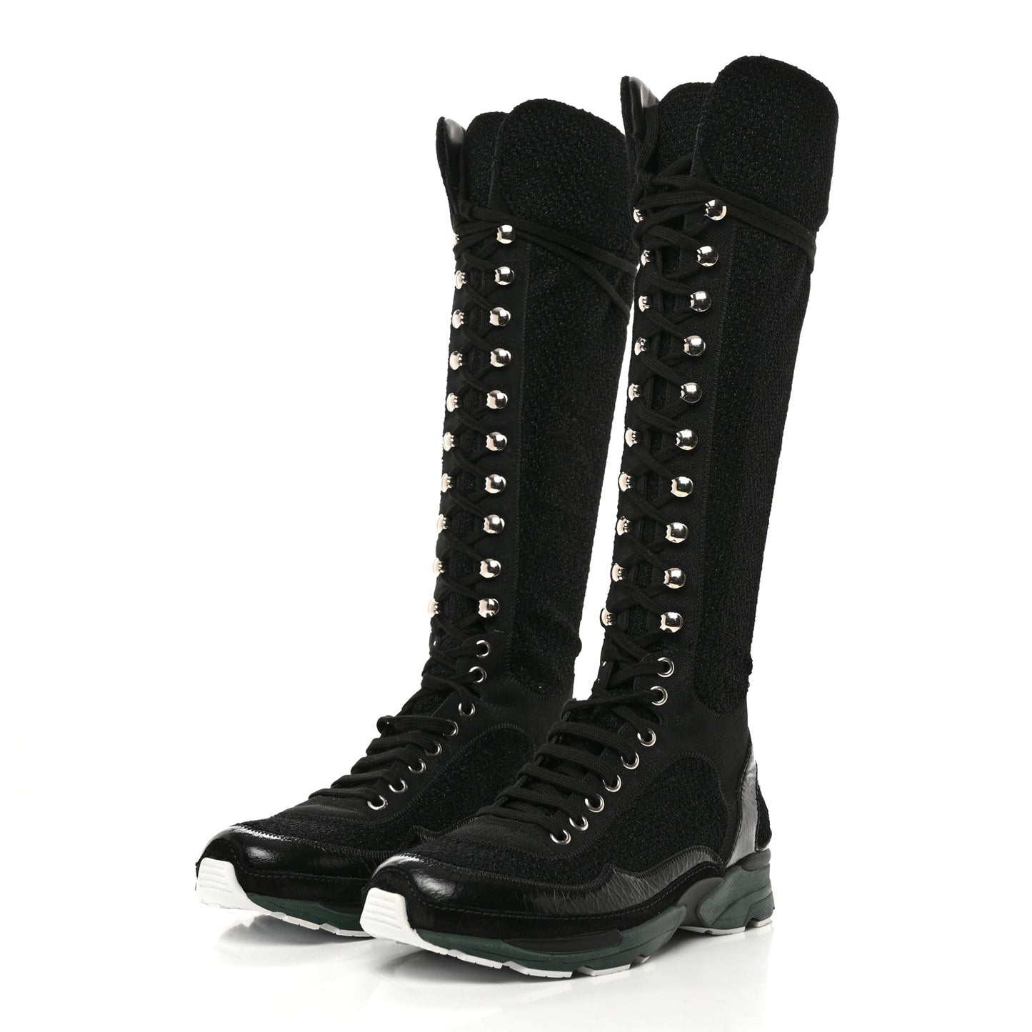 Tweed Patent Calfskin Sneaker High Boots 37.5 Black