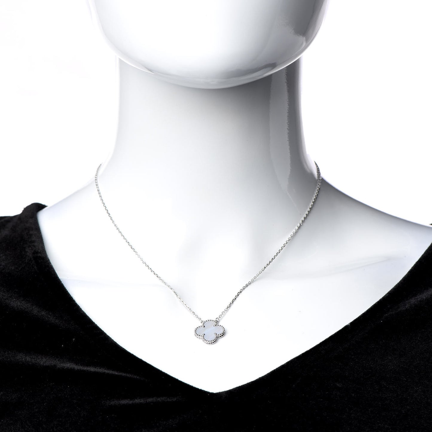18K White Gold Chalcedony Vintage Alhambra Pendant Necklace