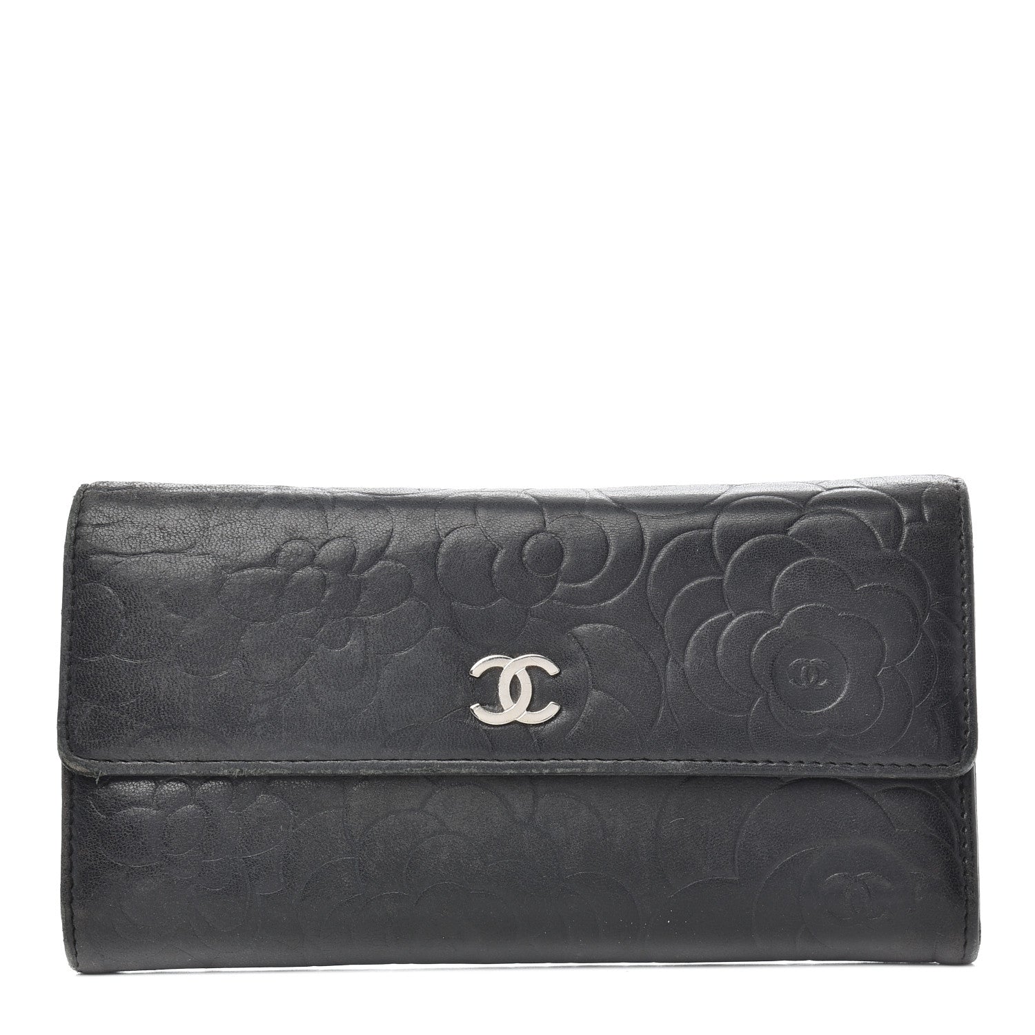 Chanel Lambskin Camellia Embossed Large Gusset Flap Wallet Black 1 of 14