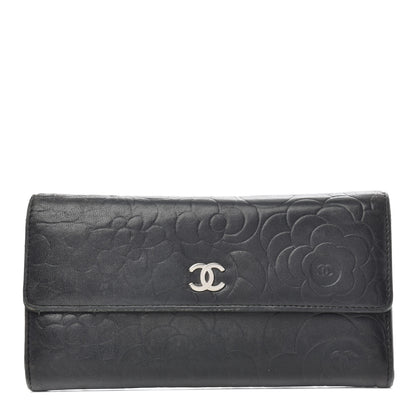 Chanel Lambskin Camellia Embossed Large Gusset Flap Wallet Black 1 of 14