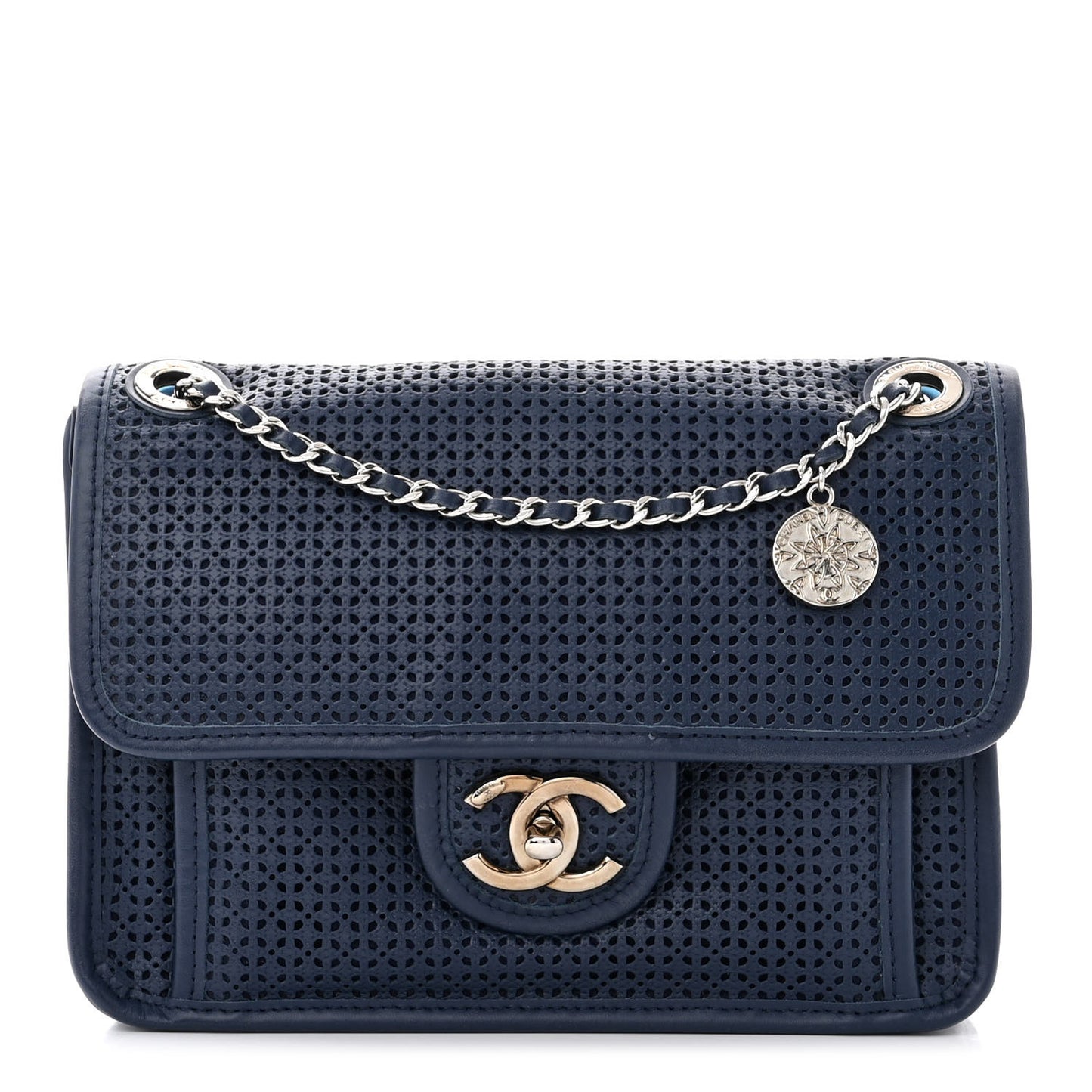 Metallic Perforated Calfskin Small Up In The Air Flap Navy Blue