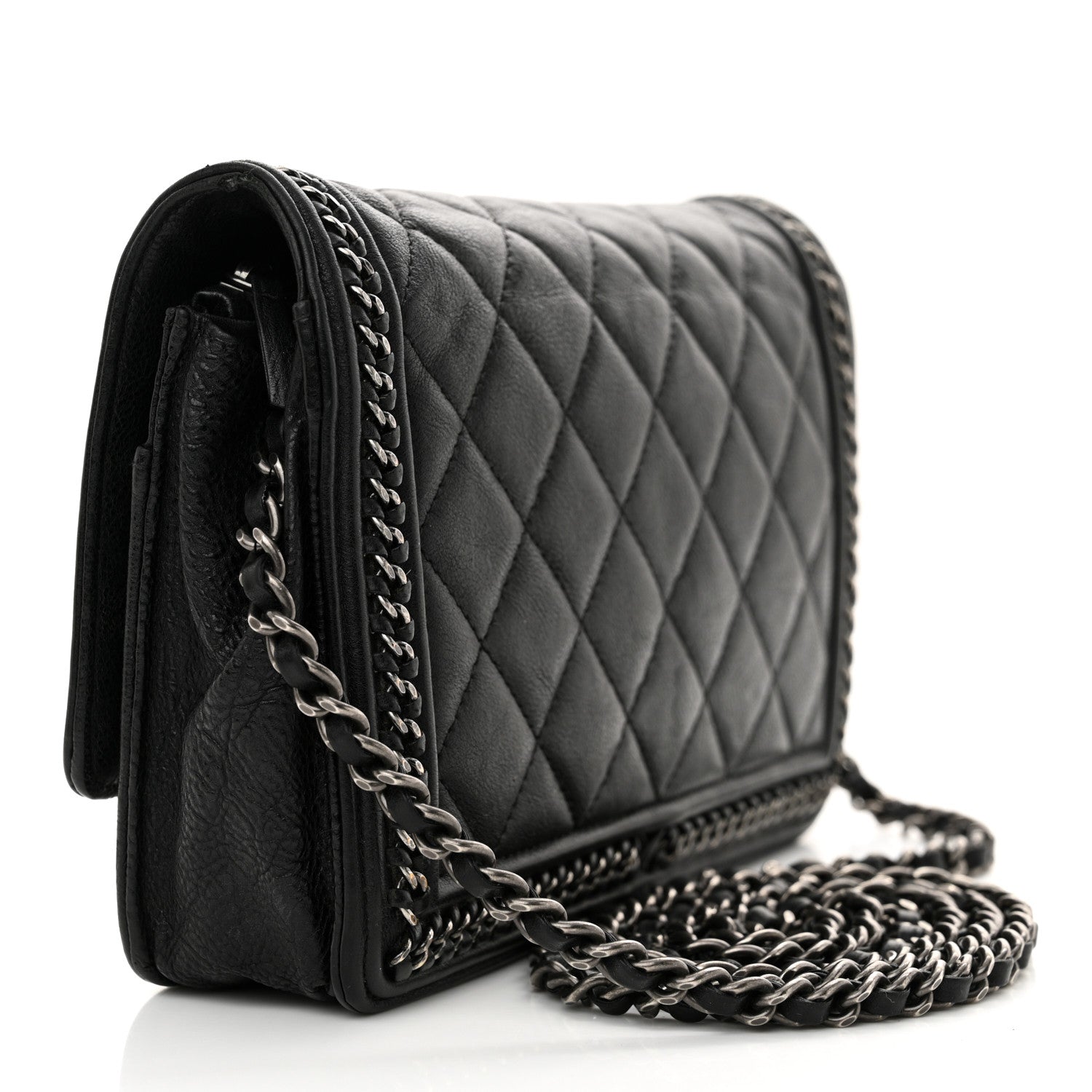 Chanel Calfskin Quilted Chain Around Boy Wallet On Chain WOC Black 3 of 14