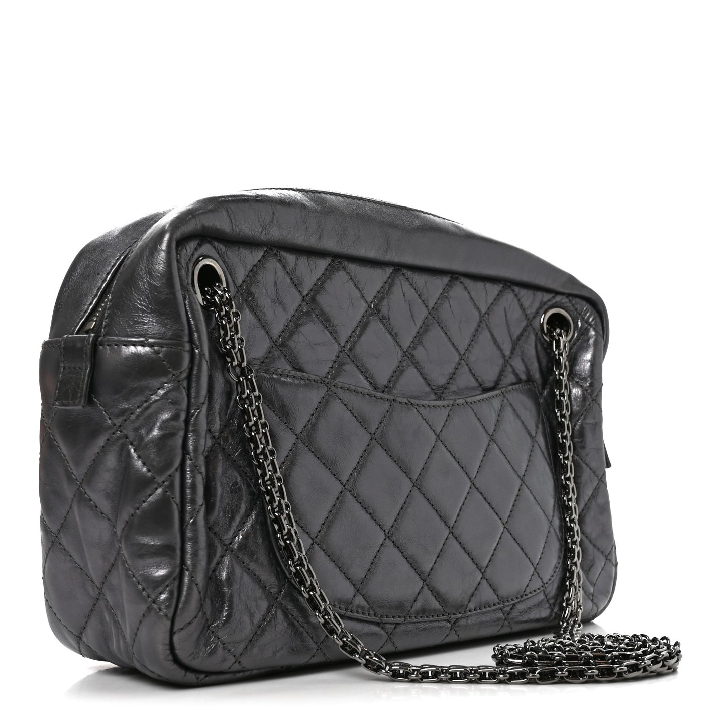 Metallic Aged Calfskin Quilted Medium Reissue Camera Case Dark Silver