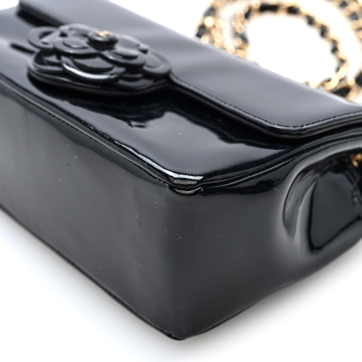 Patent Calfskin Small Camellia Flap Black