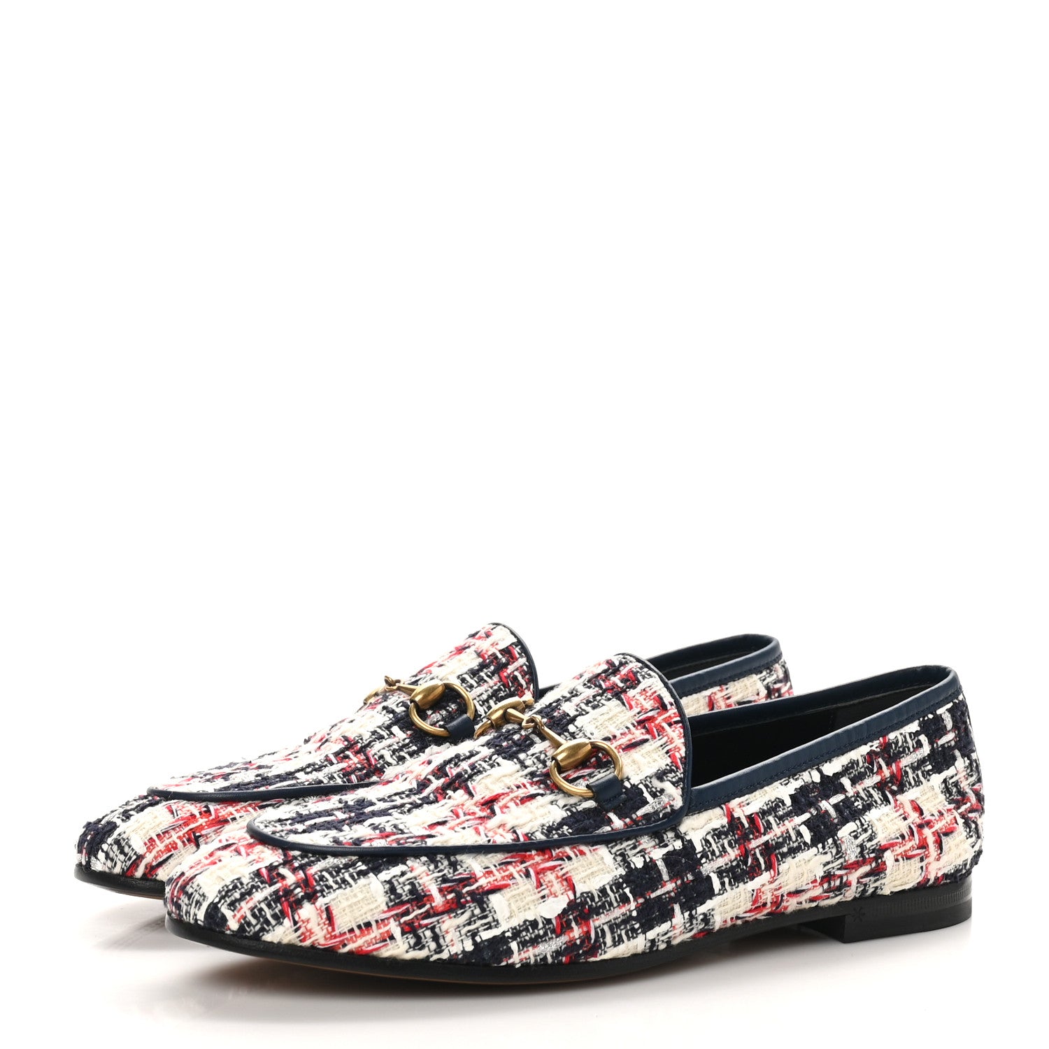 Gucci Tweed Check Horsebit Womens Jordaan Loafers 36.5 Gardenia Ink Blue Agata 4 of 9
