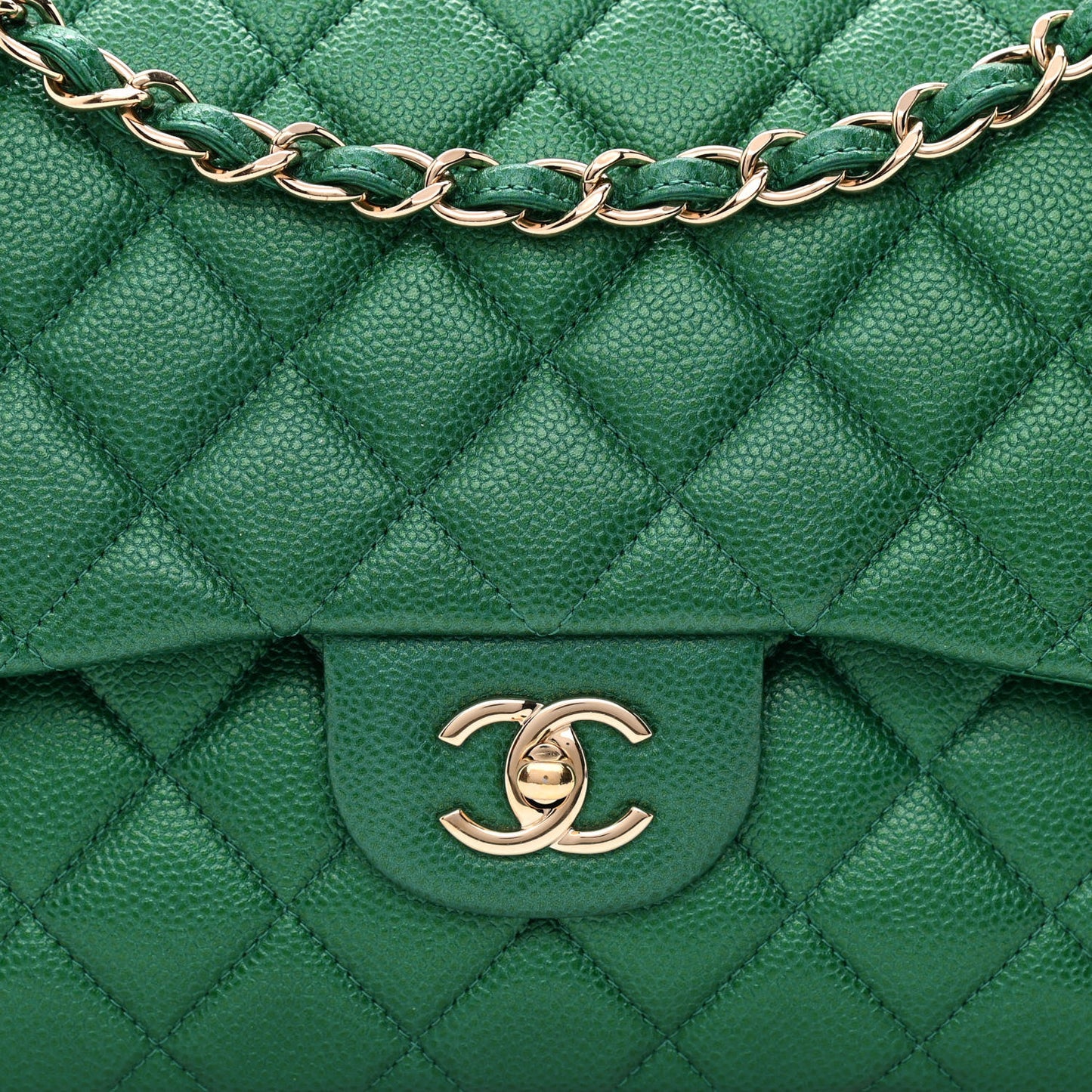 Metallic Caviar Quilted Jumbo Double Flap Green