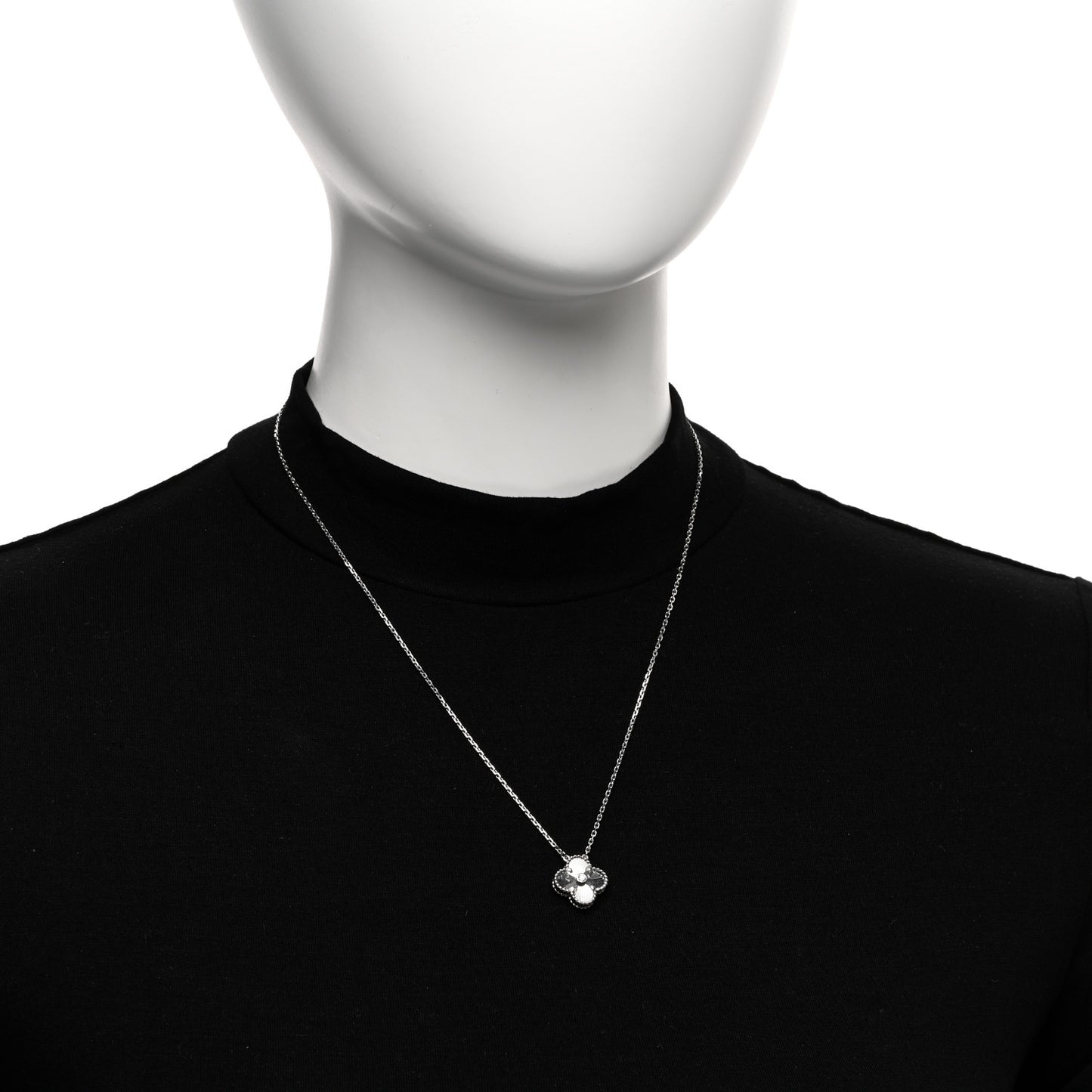 18K White Gold Diamond Guilloche Vintage Alhambra Pendant Necklace