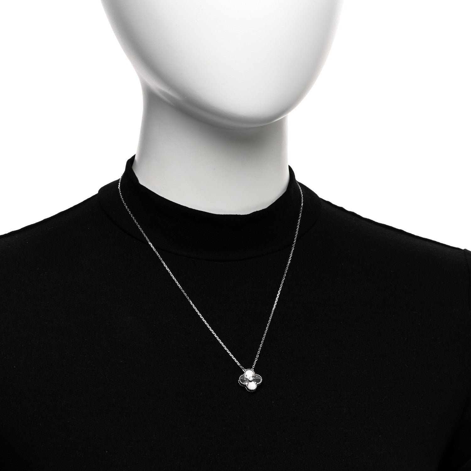 Van Cleef & Arpels 18K White Gold Diamond Guilloche Vintage Alhambra Pendant Necklace 2 of 6