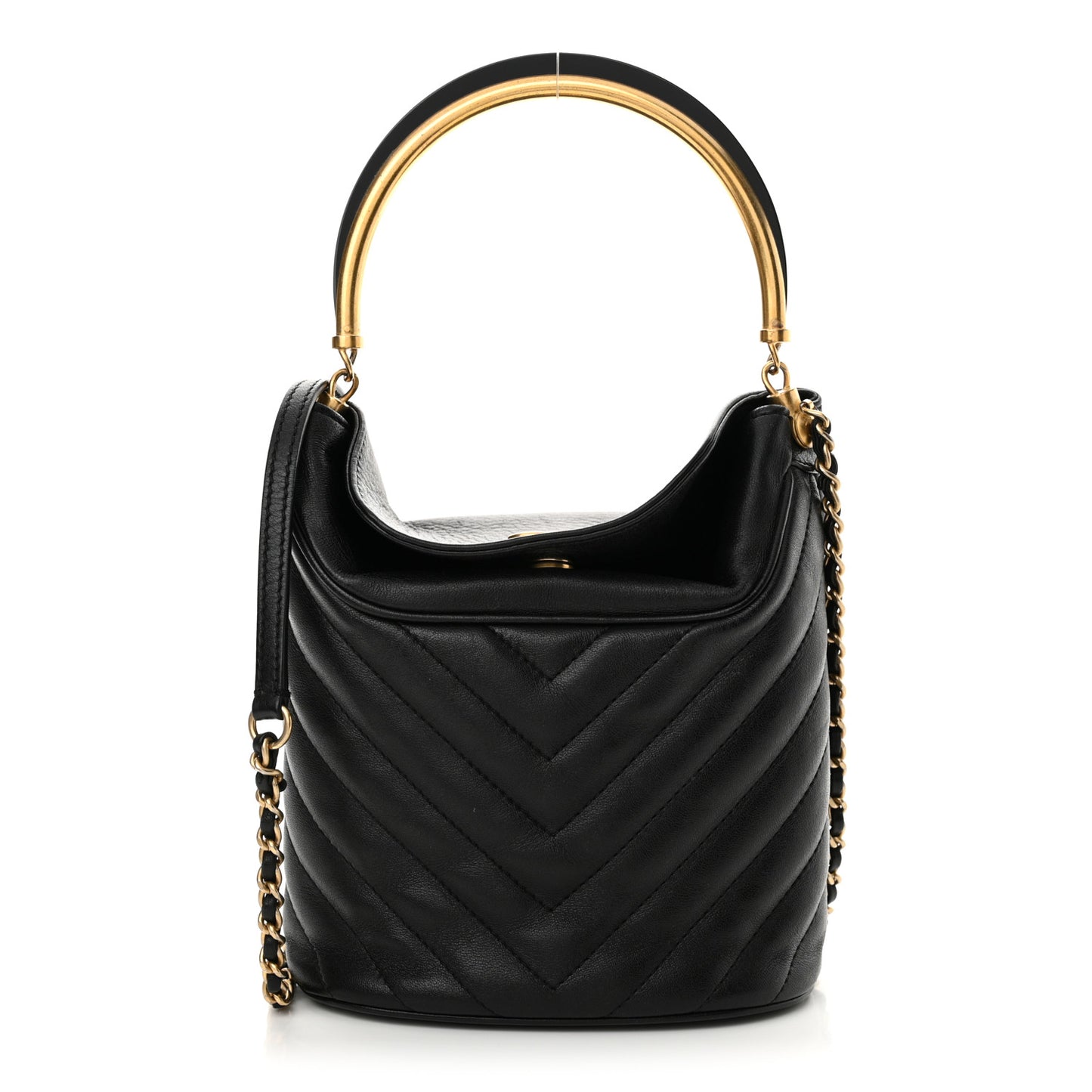 Lambskin Chevron Quilted Handle With Chic Bucket Bag Black