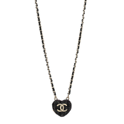 Chanel Lambskin Tweed CC Locket Pendant Necklace Grey Blue Black Gold 1 of 4
