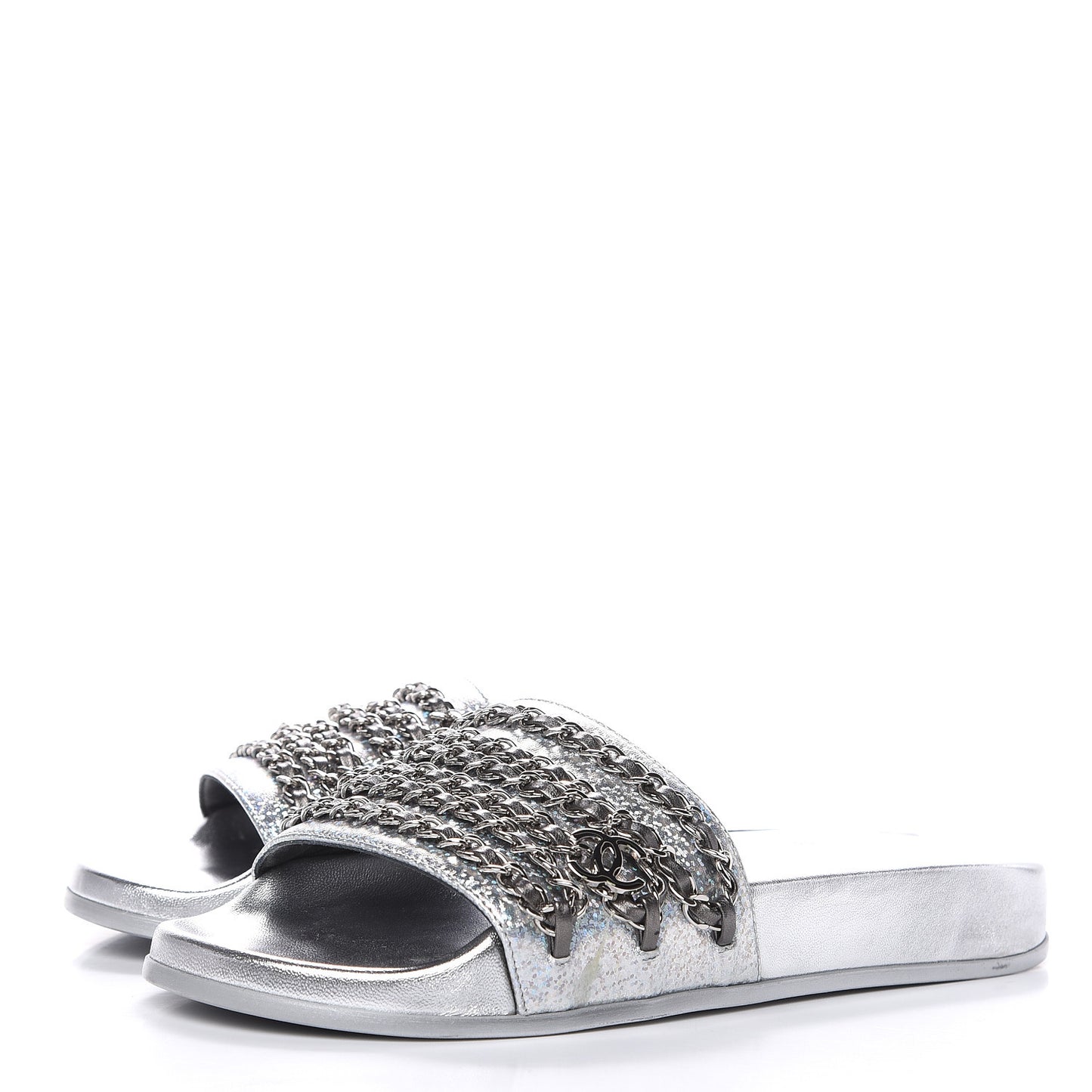 Metallic Lambskin Chain Flat Sandals 38 Silver