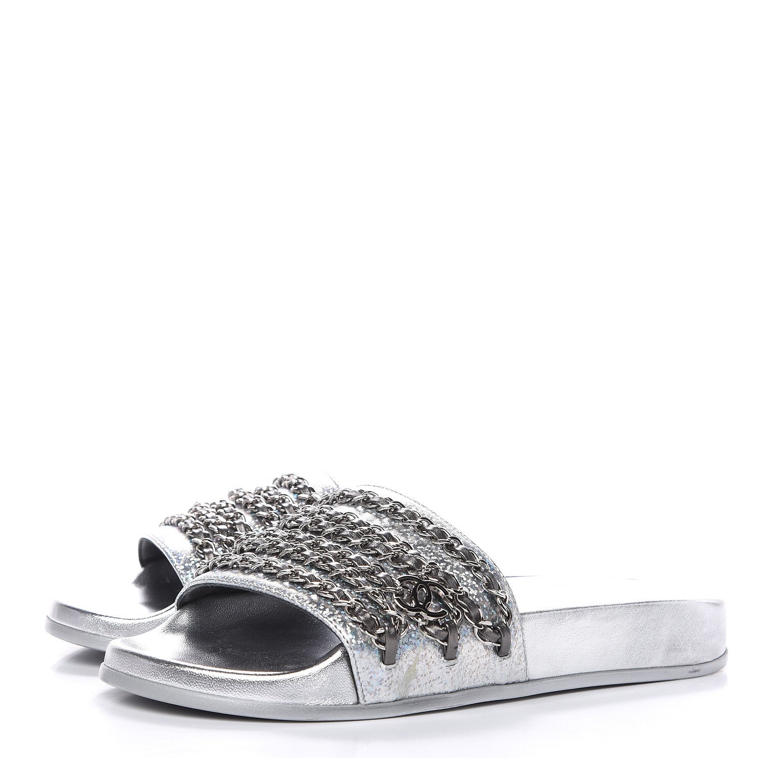 Chanel Metallic Lambskin Chain Flat Sandals 38 Silver 3 of 11