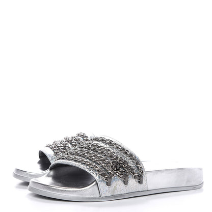 Chanel Metallic Lambskin Chain Flat Sandals 38 Silver 3 of 11