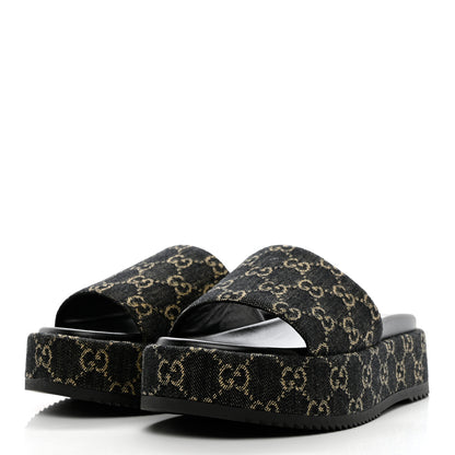 Gucci Jacquard Black Denim GG Monogram Angelina Platform 55mm Slide Sandals 40 Black Ivory 3 of 8