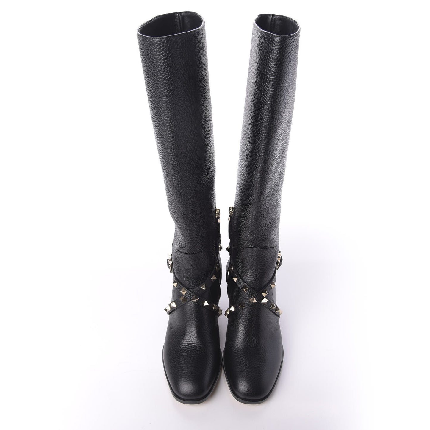 Pebbled Calfskin Rockstud Knee High Block Heel 60mm Boots 36.5 Black