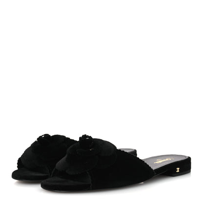 Chanel Velvet Pearl Camellia Slide Sandals 41 Black 4 of 12