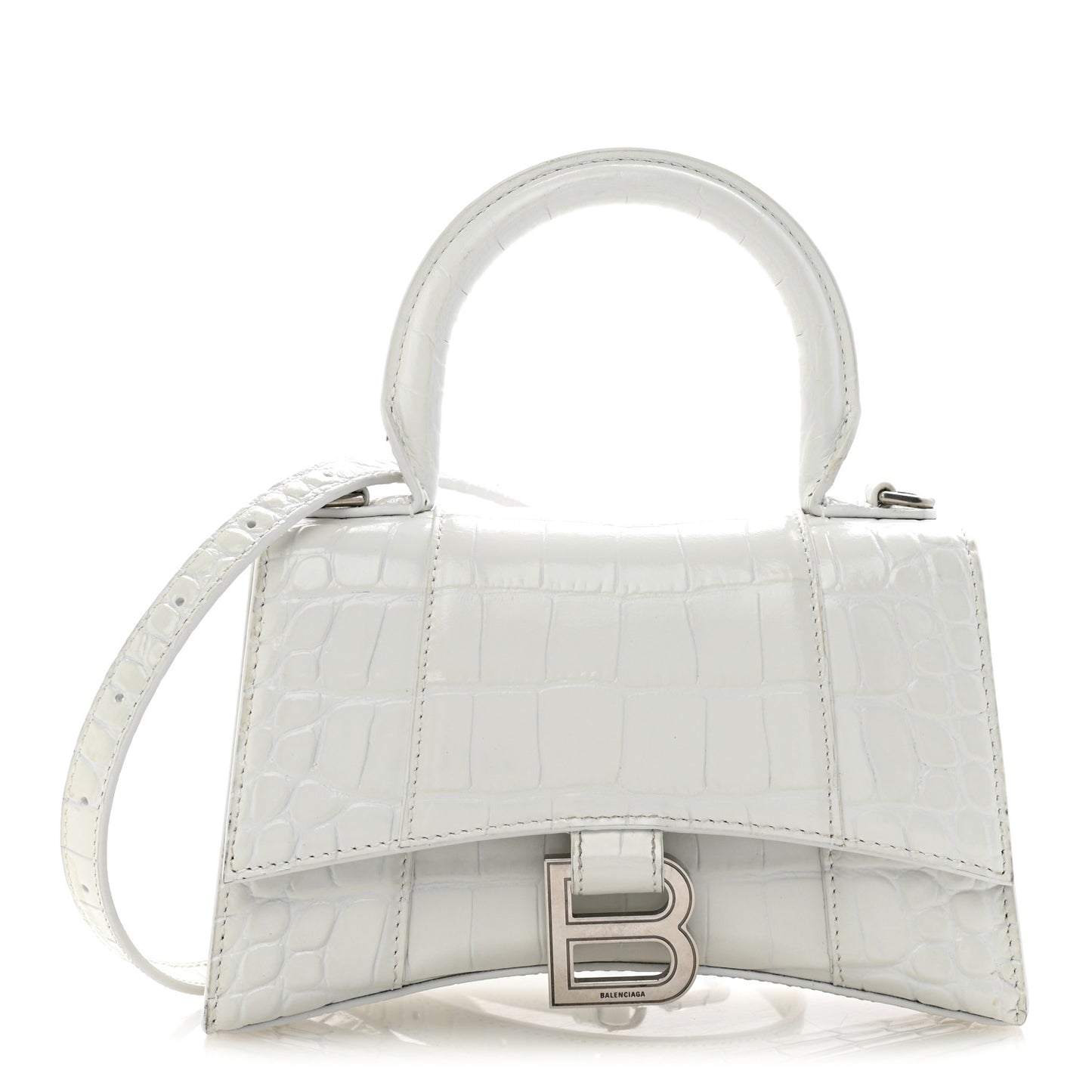 Shiny Calfskin Crocodile Embossed Hourglass Top Handle Bag XS White