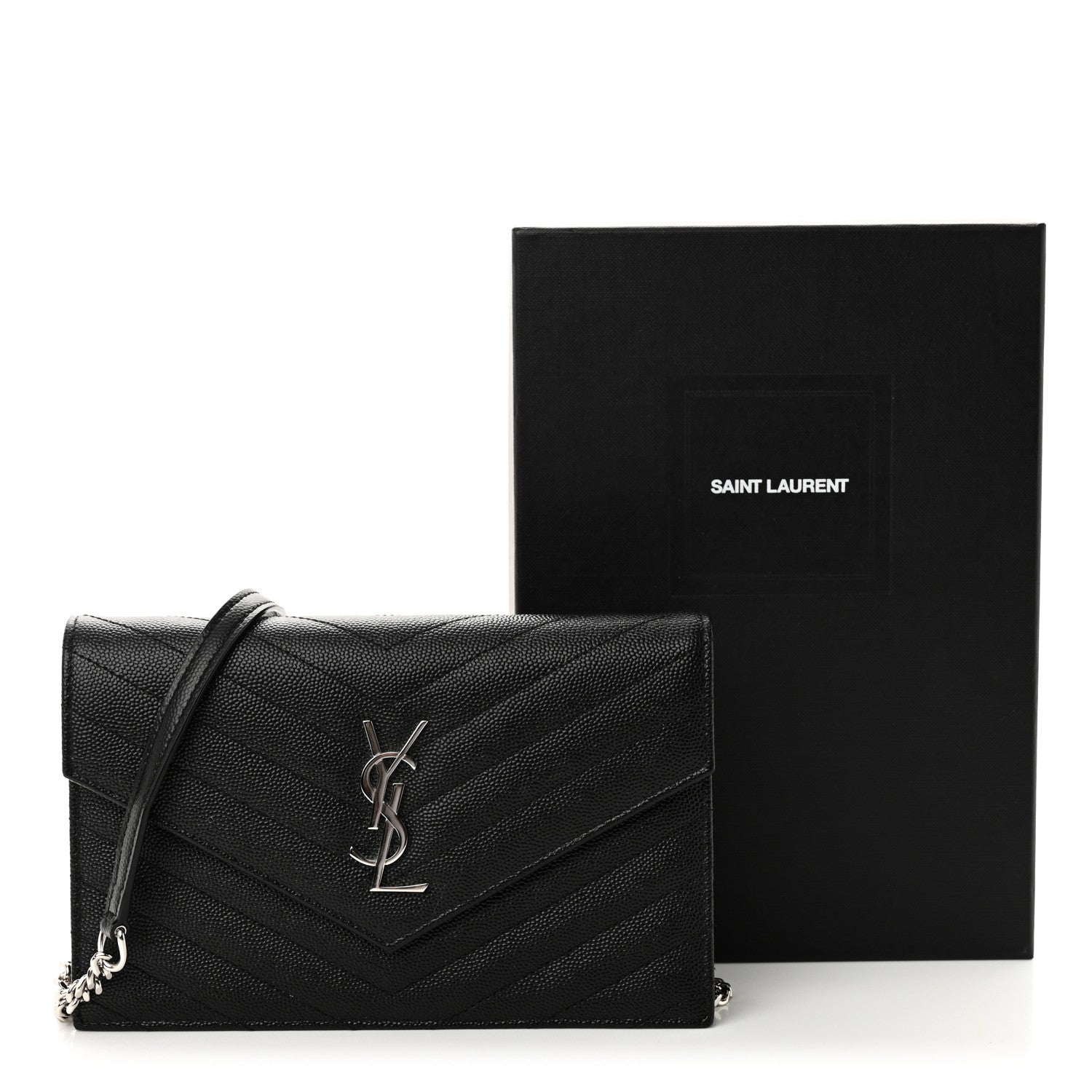 Saint Laurent Grain De Poudre Matelasse Chevron Monogram Envelope Chain Wallet Black 10 of 10