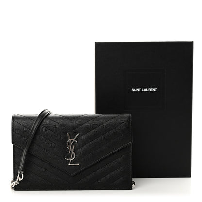 Saint Laurent Grain De Poudre Matelasse Chevron Monogram Envelope Chain Wallet Black 10 of 10