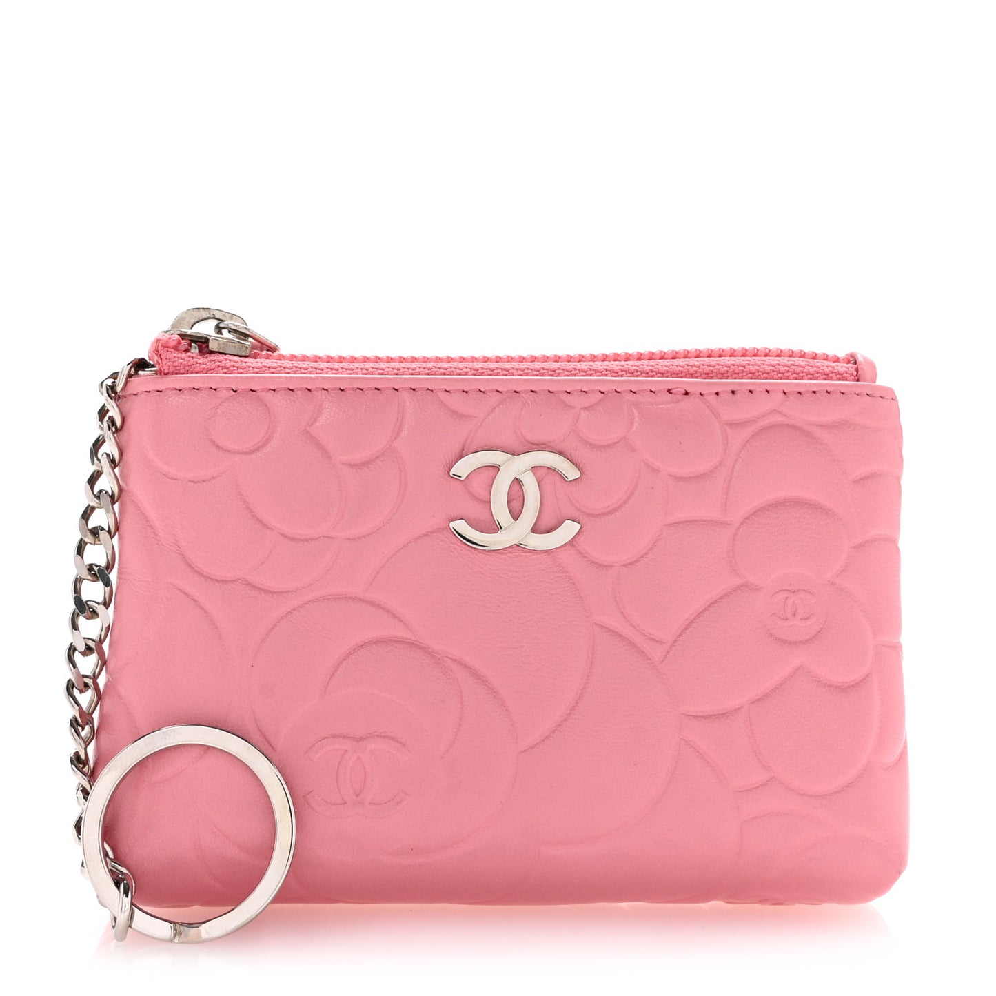 Lambskin Camellia Embossed Key Holder Case Pink