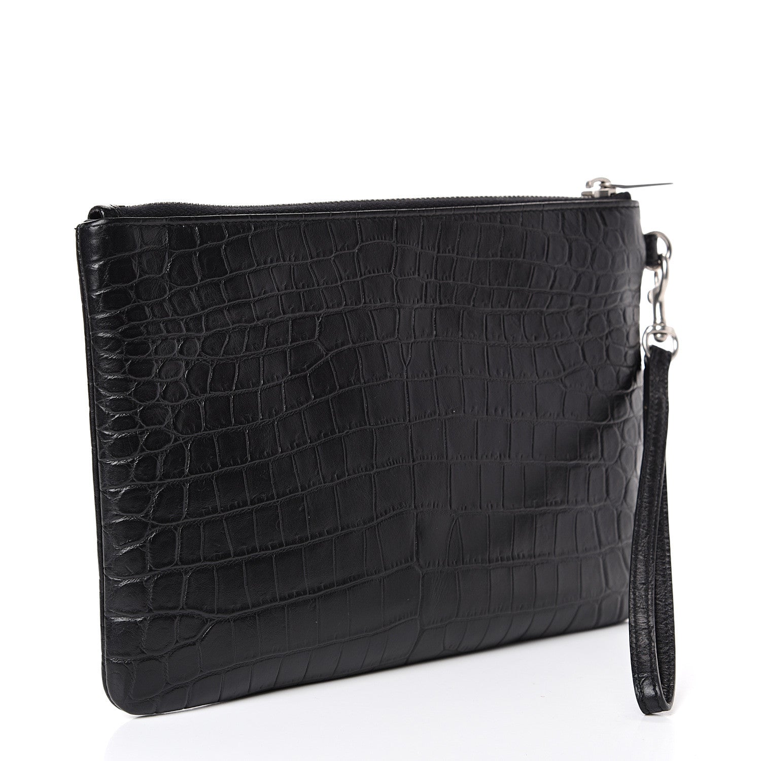 Saint Laurent Calfskin Crocodile Embossed Monogram Zip Pouch Black 2 of 9