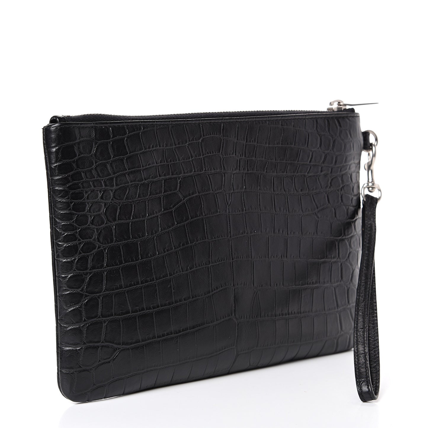 Calfskin Crocodile Embossed Monogram Zip Pouch Black