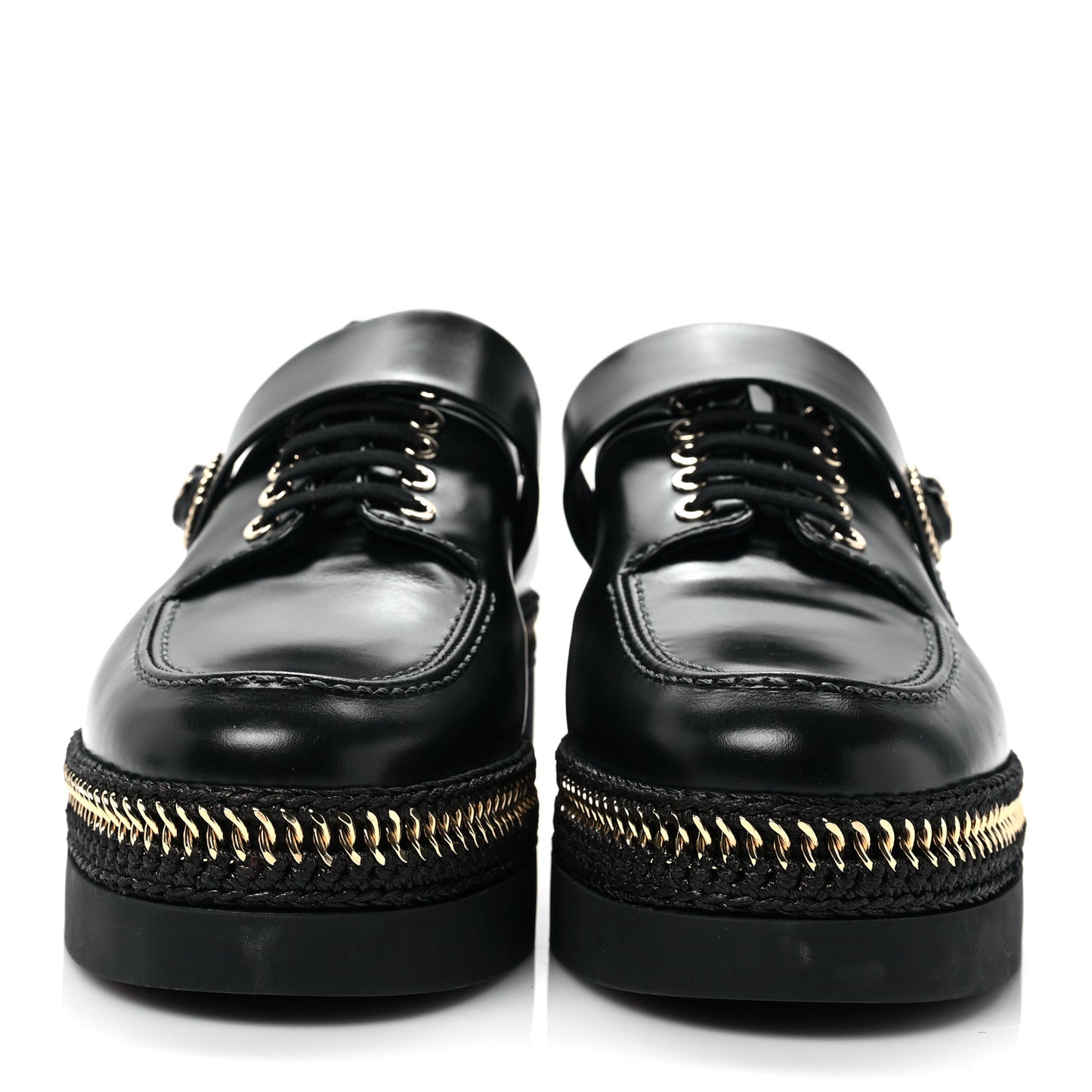 Shiny Calfskin Lace Up Platform Loafers 37 Black