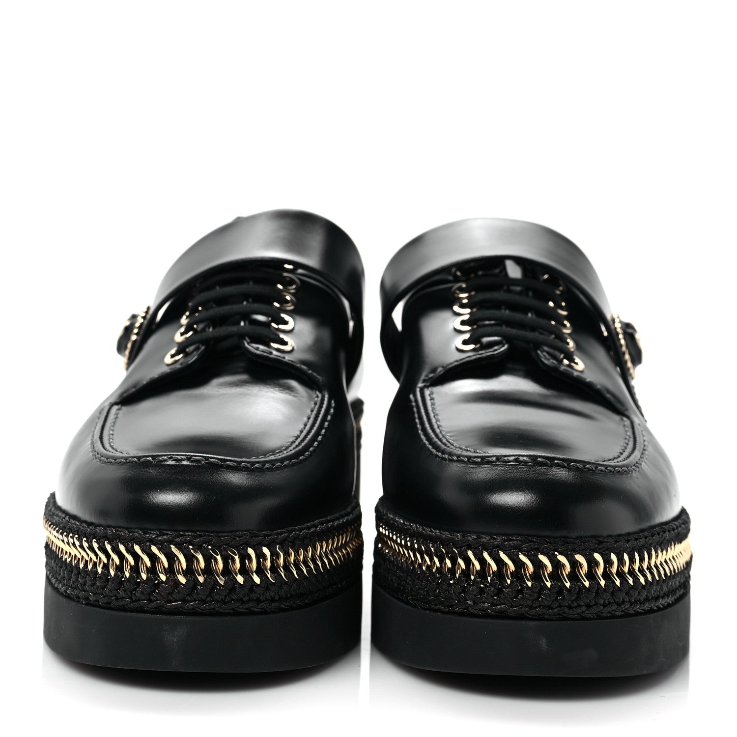 Chanel Shiny Calfskin Lace Up Platform Loafers 37 Black 2 of 8