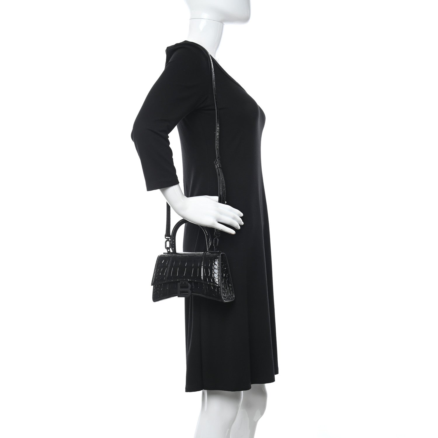 Balenciaga Shiny Calfskin Monochrome Crocodile Embossed Hourglass Top Handle Bag XS Black 2 of 11