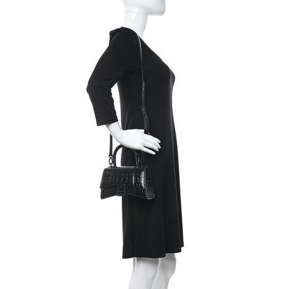 Balenciaga Shiny Calfskin Monochrome Crocodile Embossed Hourglass Top Handle Bag XS Black 2 of 11