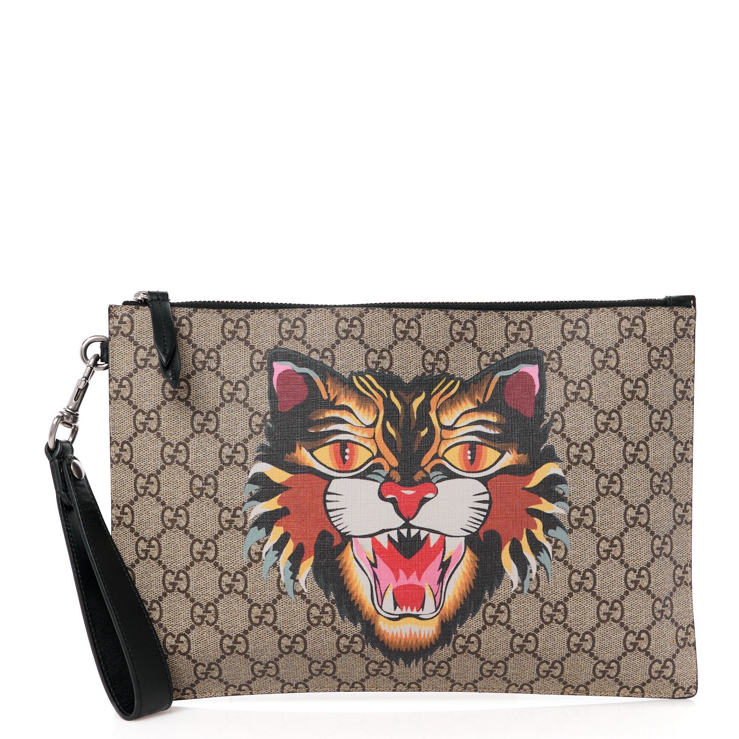 Gucci GG Supreme Monogram Angry Cat Zip Wristlet Pouch Beige 1 of 11
