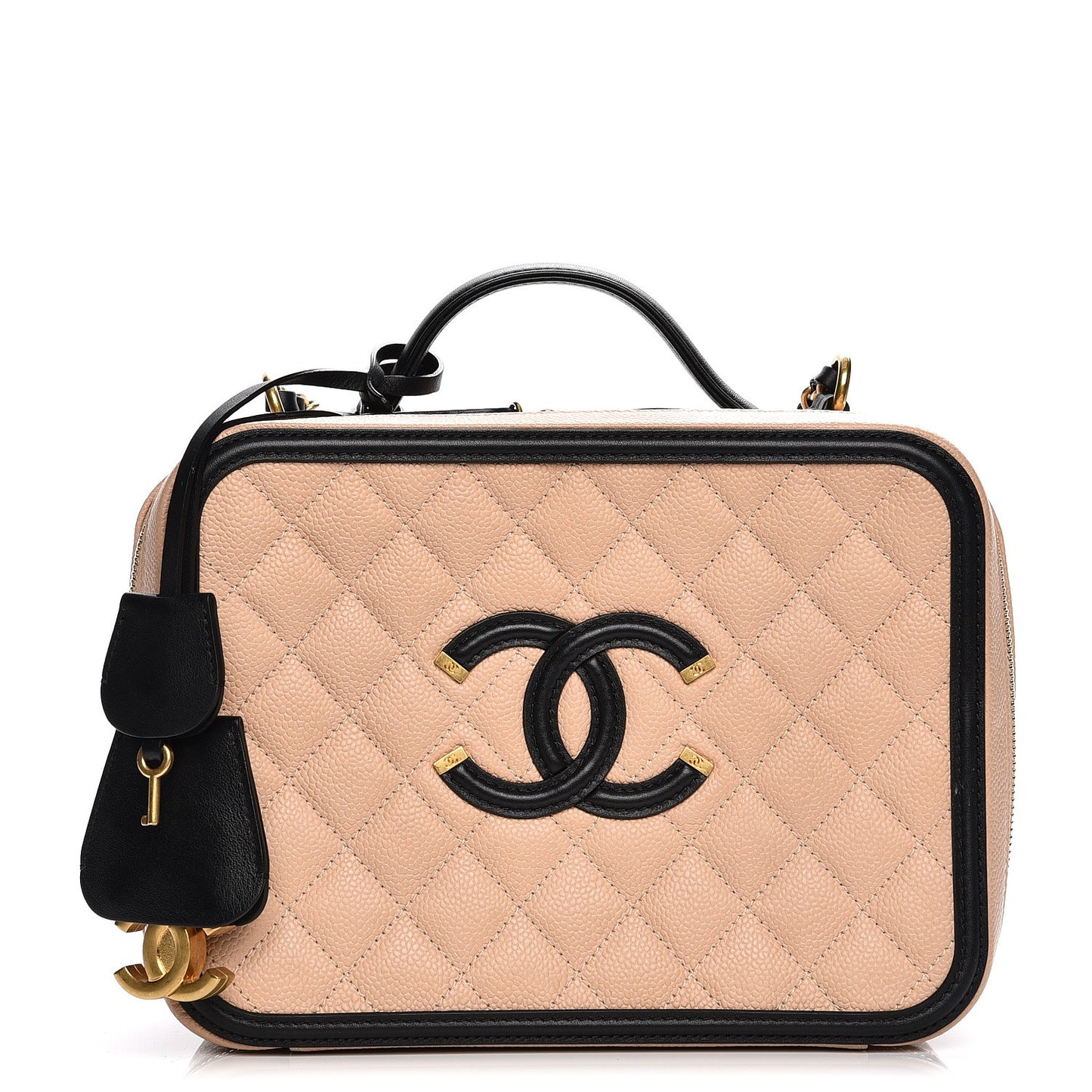 Caviar Quilted Large CC Filigree Vanity Case Beige Black