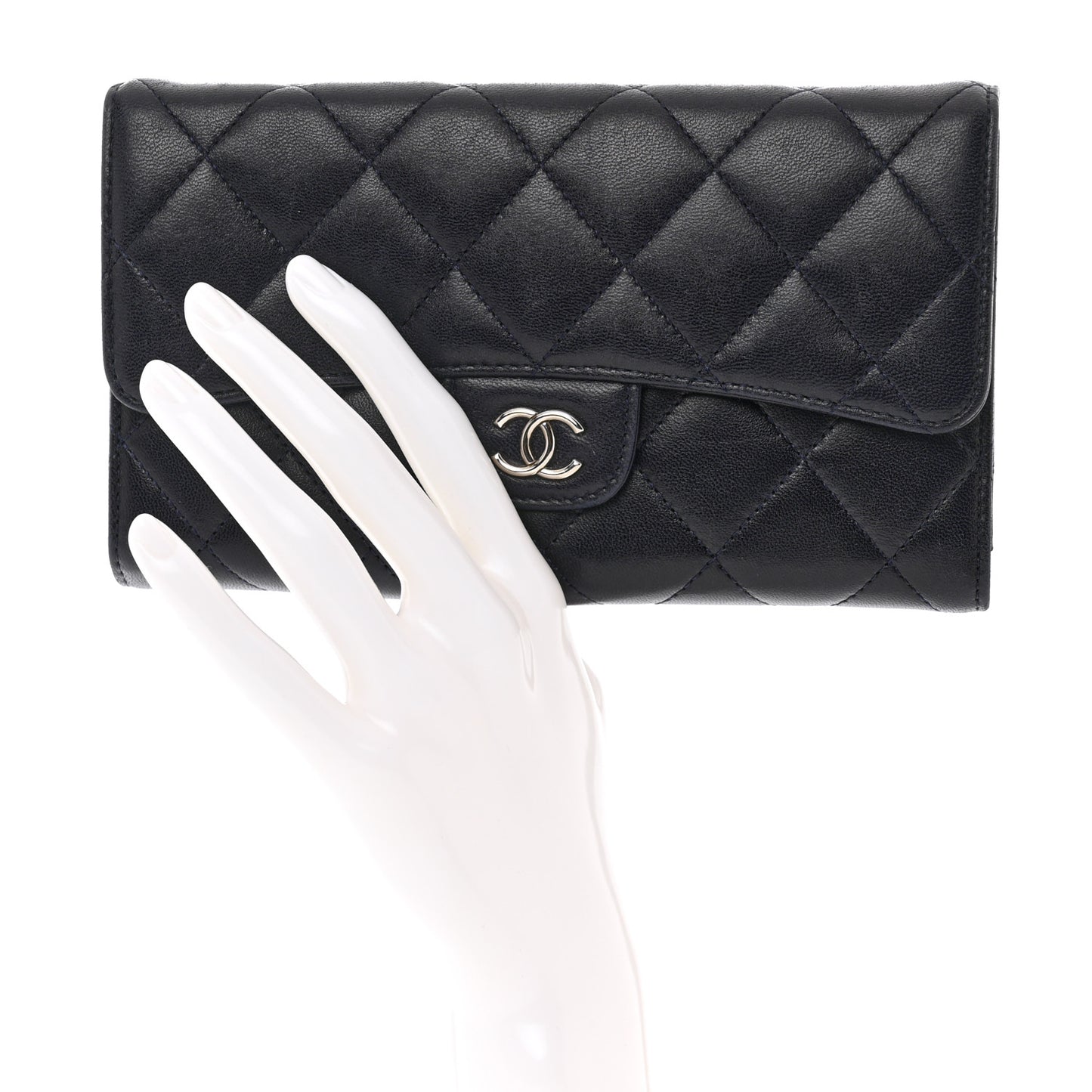 Lambskin Quilted Large Flap Wallet Navy