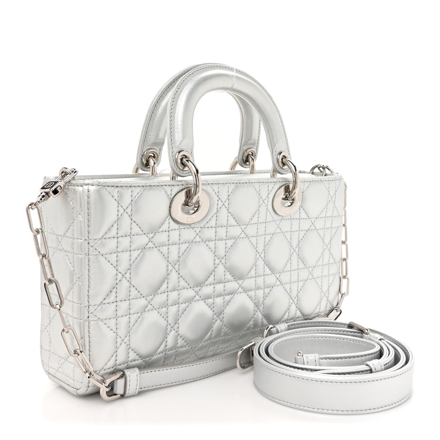 Metallic Lambskin Cannage Medium Lady D-Joy Silver
