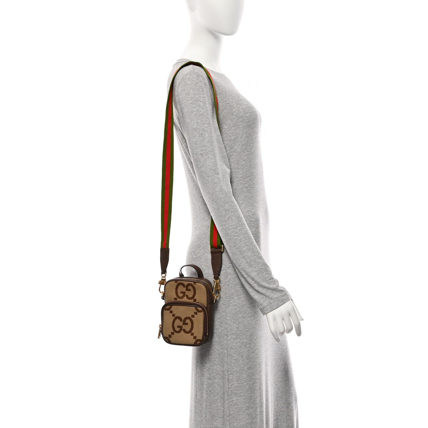 Gucci Monogram Jumbo GG Textured Dollar Calfskin Web Shoulder Bag Camel Ebony New Acero 2 of 10